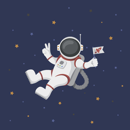 Funny flying astronaut in space with stars aroundのイラスト素材