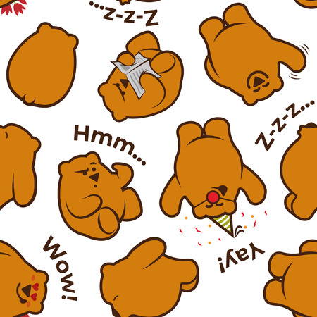 Seamless pattern with cute funny characters - reading, thinking, celebrating, sleeping and saying Hello brown bears in different poses on white background.のイラスト素材
