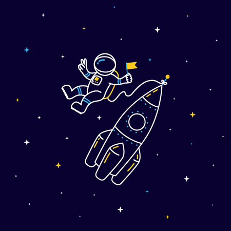 Funny flying astronaut in space with rocket and stars around in linear styleのイラスト素材
