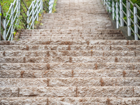 Rock stairs with fence and green plants in the park.