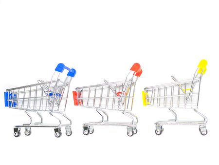 Top view or directly above of horizontal striped pattern blue,red,yellow trolley or shopping or supermarket cart toy on white background.の写真素材