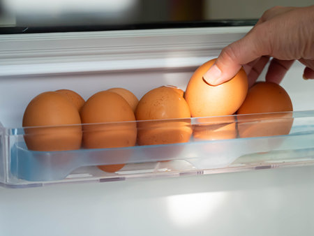 Eggs in the refrigerator. Close-up of a woman's hand holding an egg with light and shodowの写真素材