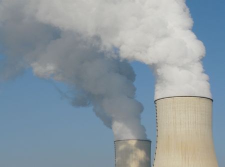 Nuclear power station cooling towers near Civaux in Franceの写真素材