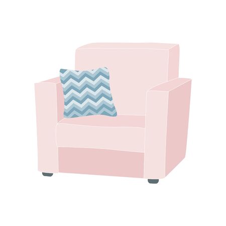 Modern comfortable pink armchair with cozy pilow isolated on a white background. Illustration for a furniture store. Stock vector illustration in a flat style.のイラスト素材