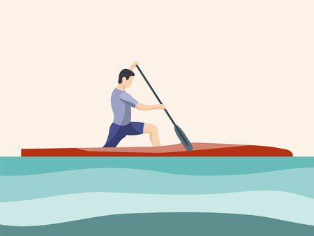 Athlete of rowing in sports canoe with paddle on plain background. Male cartoon character competes in rowing competitions. Sports tourism, alloys on small boats. Flat vector illustration. Minimalistic illustrationのイラスト素材