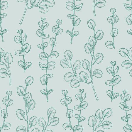 Seamless pattern of eucalyptus branches on green background. Hand drawn vector illustration with contour lines. Monochrome floral print fot textile and wallpaper.のイラスト素材