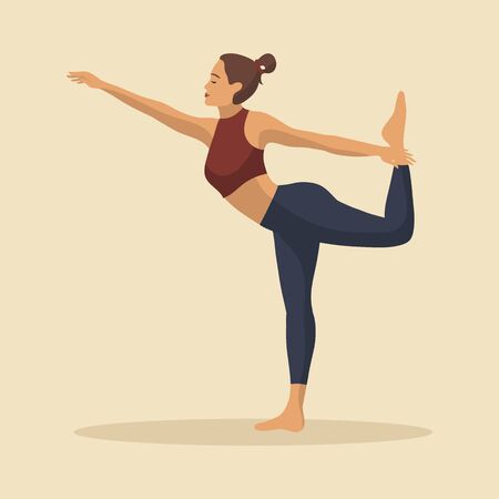 Young woman demonstrating various yoga or pilates positions isolated on light background. Concept health lifestyle. Sports female character. Stock vector illustration in flat style for sports blog.のイラスト素材