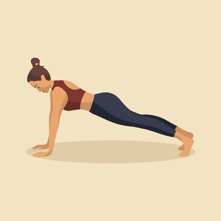 Young woman demonstrating various yoga or pilates positions isolated on light background. Concept health lifestyle. Sports female character. Stock vector illustration in flat style for sports blog.のイラスト素材