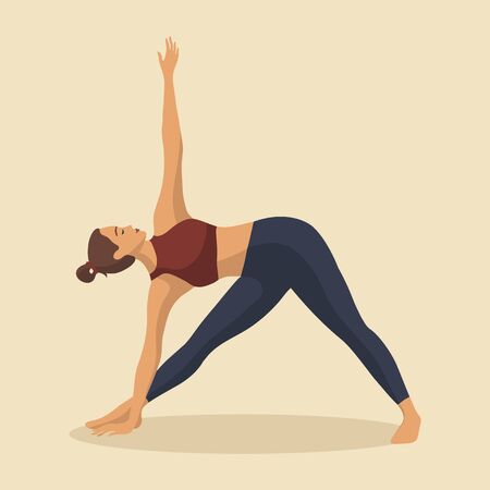 Young woman demonstrating various yoga or pilates positions isolated on light background. Concept health lifestyle. Sports female character. Stock vector illustration in flat style for sports blog.のイラスト素材