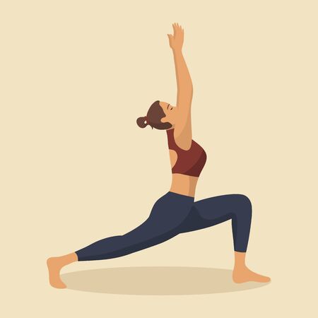 Young woman demonstrating various yoga or pilates positions isolated on light background. Concept health lifestyle. Sports female character. Stock vector illustration in flat style for sports blog.のイラスト素材