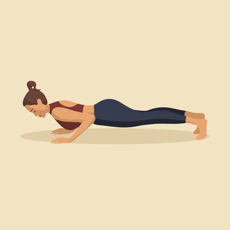 Young woman demonstrating various yoga or pilates positions isolated on light background. Concept health lifestyle. Sports female character. Stock vector illustration in flat style for sports blog.のイラスト素材