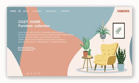 Landing page template of furniture store. Cozy home interior in Scandinavian with houseplant. Stock vector illustration in flat cartoon style.のイラスト素材