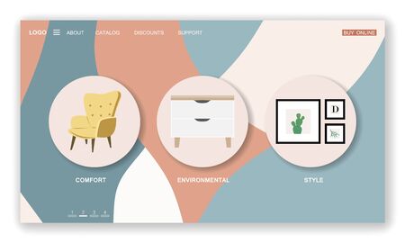 Landing page template of furniture store. Cozy home interior in Scandinavian with houseplant. Stock vector illustration in flat cartoon style.のイラスト素材