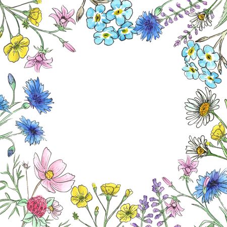 Watercolor meadow flowers. Round floral frame of wildflowersの写真素材