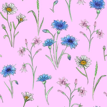 Watercolor meadow flowers.  Seamless pattern of wildflowers on a pink  backgroundの写真素材