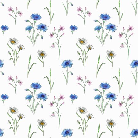 Watercolor meadow flowers.  Seamless pattern of wildflowers on a white backgroundの写真素材