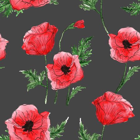 Watercolor meadow flowers.  Seamless pattern of wildflowers on a black backgroundの写真素材