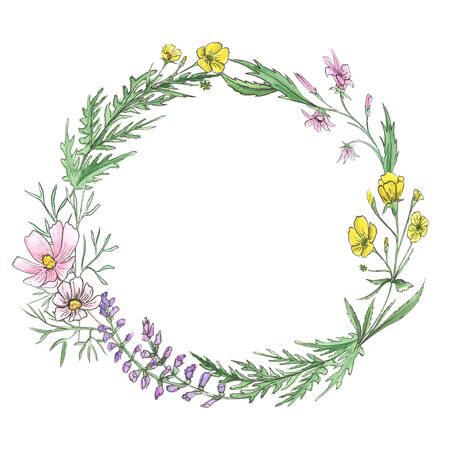 Watercolor meadow flowers. Wreath of flowers.の写真素材