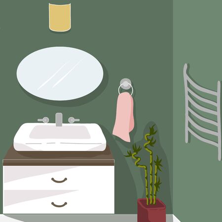 Modern bathroom. Cozy home interior with furniture and home decorations. Comfortable interior in decorated in Scandinavian style. Flat vector illustration.のイラスト素材