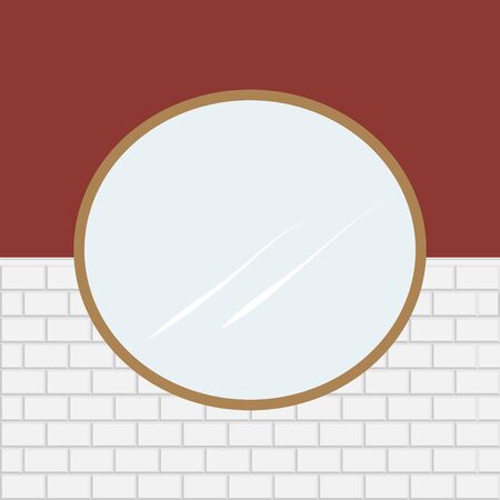 Round mirror hanging on a brick white wall. Interior decor. Stock vector illustration in flat styleのイラスト素材