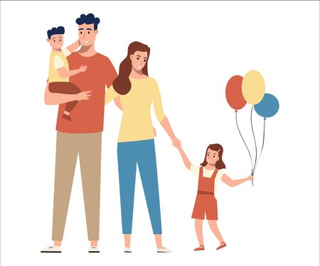 Happy heterosexual  family with kids spend time together. Child sits in the arms of dad, happy girl with balloons. Characters isolated on white background. Stock vector illustration in flat style.のイラスト素材
