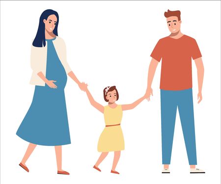 Happy full family with child, expecting a baby. Happy parents  with daughter. Characters isolated on white background. Stock vector illustration in flat style.のイラスト素材