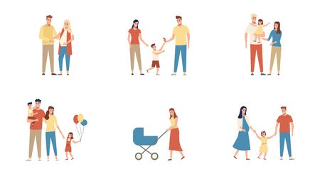 Set of different heterosexual full families with kids, single mother and couple expecting a baby. Happy parents, children with balloons and ice cream, mom with a pram. Characters isolated on white background. Stock vector illustration in flat style.のイラスト素材