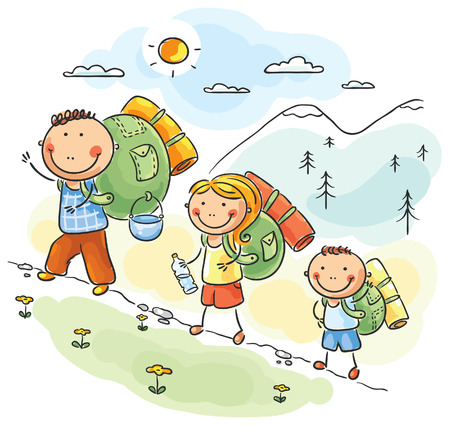Cartoon family hiking in the mountainsのイラスト素材