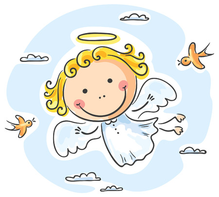 Cute angel flying with two birdsのイラスト素材