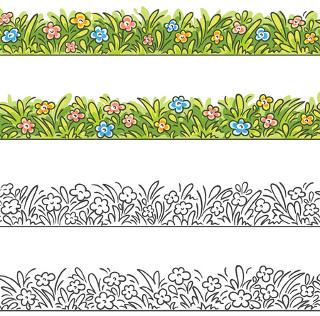 Seamless border of cartoon grass and flowers. To make it seamless please join the two parts.のイラスト素材