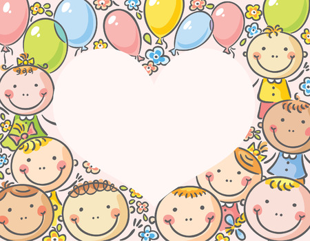 Heart-shaped frame with kids and balloonsのイラスト素材