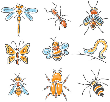 Set of different hand-drawn sketchy insects, no gradientsのイラスト素材