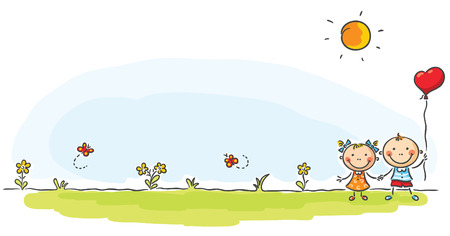 Two happy kids on the green meadowのイラスト素材