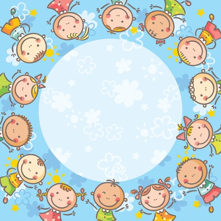 Blue frame with many happy kidsのイラスト素材