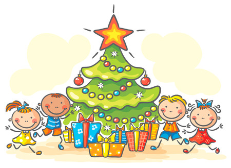 Happy kids getting presents for Christmasのイラスト素材