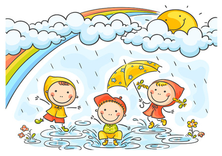 Happy kids playing in the rainのイラスト素材