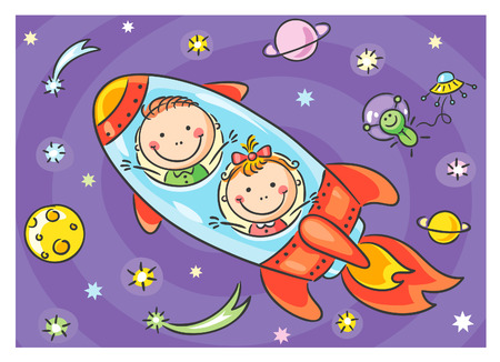Children exploring space, no gradientsのイラスト素材