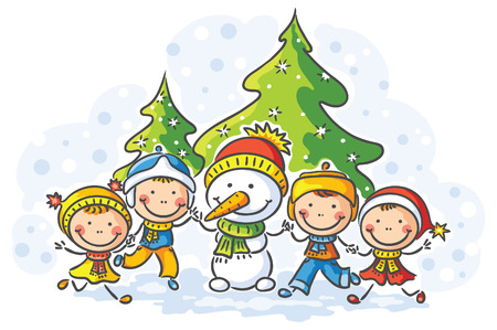Snowman and happy kids on a winter dayのイラスト素材