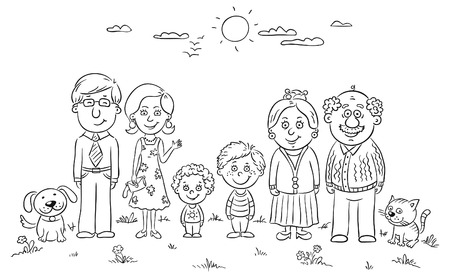 Big happy family outdoors, black and whiteのイラスト素材