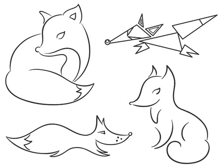 Set of four differently stylized fox sketches, outlinesのイラスト素材