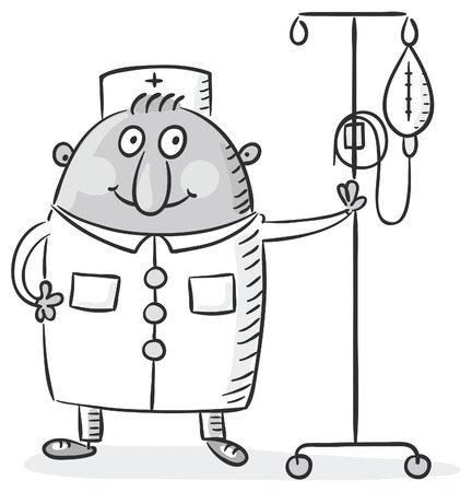Male nurse with a drop counter caricature, black and whiteのイラスト素材