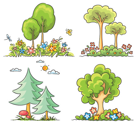 Set of different cartoon trees with flowersのイラスト素材