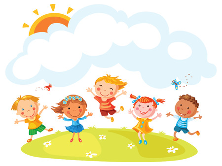 Happy cartoon kids jumping with joy on a hill with a copy space, no gradients, no outlineのイラスト素材