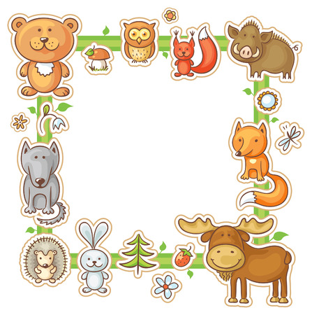 Square frame with cartoon forest animals, no gradientsのイラスト素材