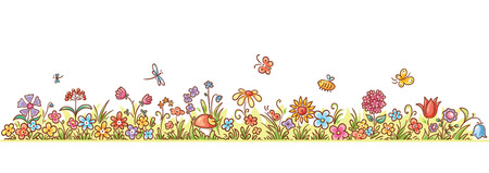 Colorful flower border with lots of cartoon flowers, grass and butterflies, no gradientsのイラスト素材