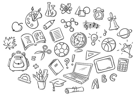 Set of simple cartoon school things colored in a doodle style pencil imitation, black and white outlineのイラスト素材