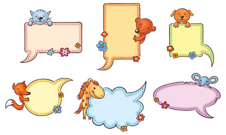 Colorful speech bubble set with cartoon animals and copy space, no gradientsのイラスト素材