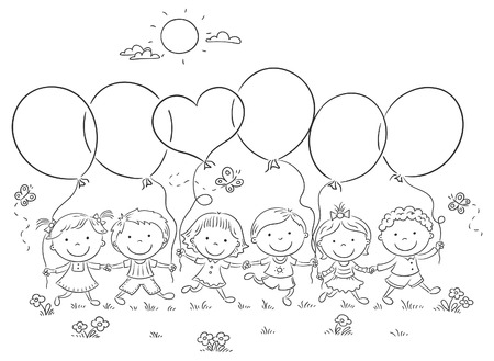 Happy kids outdoors with balloons with copy space, black and white outlineのイラスト素材