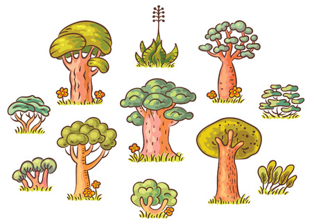 Cute cartoon trees set, hand drawn, no gradientsのイラスト素材
