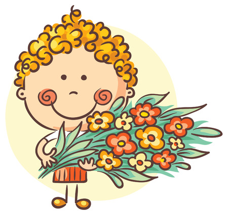 Child holding a big bouquet of flowersのイラスト素材